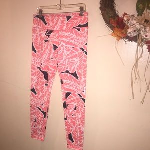 ALO Yoga Pink Leaf Print Leggings with Black Accents